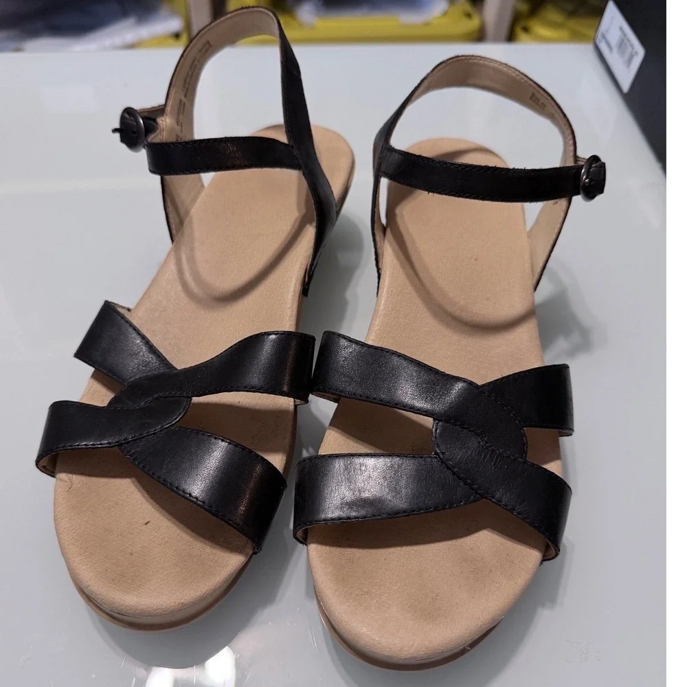 Dansko Black Leather Wedge Sandals
